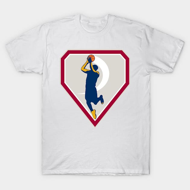 Basketball Player Jump Shot Ball Shield Retro T-Shirt by patrimonio